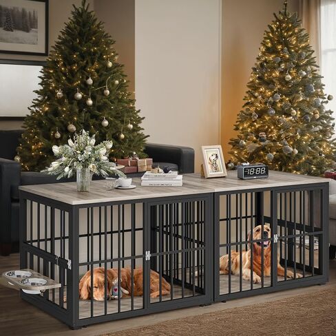 YITAHOME 88.6" Large Corner Dog Crate Furniture for 2 Dogs, Heavy Duty Wooden Dog Kennel with Dog Bowls & Cushion & 3 Doors, Large Double Dog Crate Furniture TV Stand for Medium Large Dog, Brown in Saudi Arabia