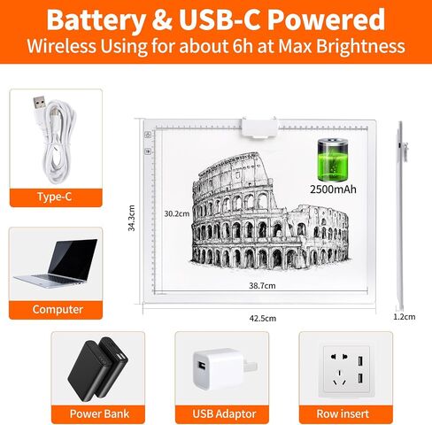 KOBAIBAN Wireless A3 Light Pad with Carry Bag, Foldable Stand, Top Clip, 3 Colors/Stepless/6-level Dimmable Brightness Rechargeable tracing Light Box/Board for Weeding Vinyl, Diamond Painting (White) in Saudi Arabia