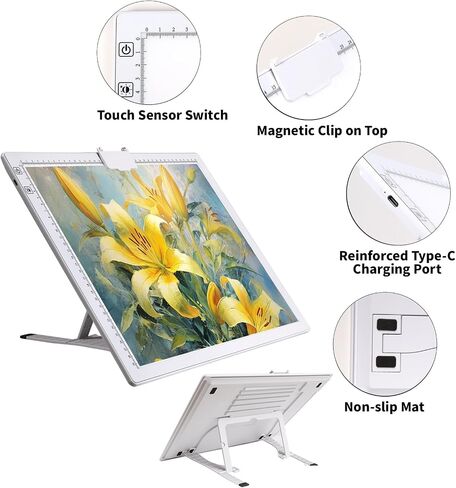 KOBAIBAN Wireless A3 Light Pad with Carry Bag, Foldable Stand, Top Clip, 3 Colors/Stepless/6-level Dimmable Brightness Rechargeable tracing Light Box/Board for Weeding Vinyl, Diamond Painting (White) in Saudi Arabia