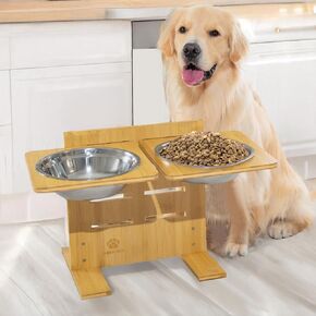 Mora Pets Elevated Dog Bowls Adjustable Raised Dog Bowl Bamboo Pet Feeder with 2 Stainless Steel Bowls for Small Medium Large Dogs