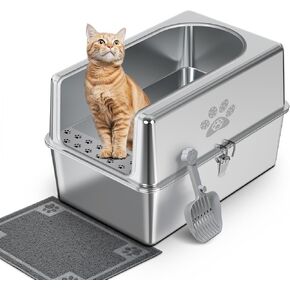 Enclosed Stainless Steel Cat Litter Box with Lid, XL Metal Litter Box for Big Cats, Extra Large Cat Toilet with High Side, Non-Stick, Anti-Leakage, Odorless, with Cat Litter Mat & Litter Scoop