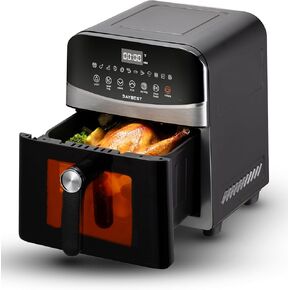 Stainless Steel Air Fryer Black, DAYBEST 1700W Ceramic Air Fryer Visible 6L with Top Bottom Heaters Less Flipping Auto Shut-off Ceramic Coated Basket with Toast Rack Silcone Pot (6L, Black)