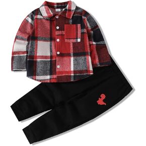 Ayzozuy Toddler Boy Clothes Button Down Plaid Sweatshirt Pants 2PCS Boy Winter Fall Outfits Set in Saudi Arabia