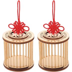 Cricket Cage 2pcs Wooden House Reptile Feeding Box Grasshopper Cage Chinese Knot Hanging Habitat for Grasshopper Crickets Small Pets Reptile Carrier