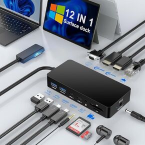 Microsoft Surface Dock Triple Display with Power Supply,12 in 1 Surface Pro Docking Station Dual 4K HDMI+VGA for Surface Pro 9/8/X/7/6/5/4/3, Surface Laptop go/5/4/3/2/1, Surface Book 3/2/1