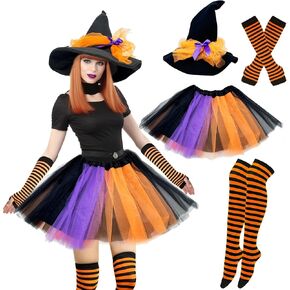 2024 Halloween Adult Witch Tutu Costume for Women, Simple Pumpkin Velvet Witch Hat Striped Socks & Accessory Kits