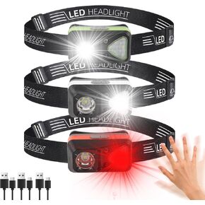 Rechargeable Headlamp Flashlight, LED Head Lamp with White Red Light, Super Bright USB-C Headlight 3-Pack Motion Sensor Head Lamp For Adults 11 Mode Outdoor Camping Running Hiking Fishing Gear