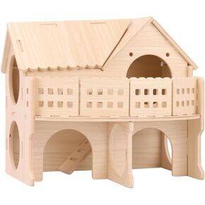 Hamster Forest Lookout Wooden House with Fun Slide and Large Balcony Lookout Holes Safy Chew Toys for Young Syrian Hamsters Dwarf Gerbil Mouse Mice Rat Small Animals(Medium Size)