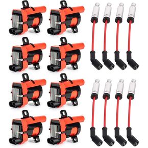 ENA 8 Pack D585 Blue Ignition Coils and 748UU Spark Plug Wires Compatible with Chevy Silverado Savana GMC Cadillac Chevrolet LS1 LS3 4.8L 5.3L 5.7L 6.0L V6 V8 C1251 UF262 12622553 12656210, Round