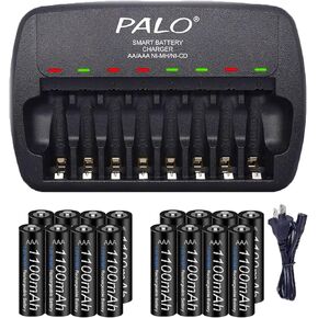 16 Pack Rechargeable AAA Batteries with Charger Kit, 1.2V Ni-MH Triple A Low Self-Discharge Batteries with 8 Bay Independent Slot Fast Charging Charger for 1.2V AA/AAA Battery