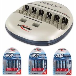 ANSMANN Energy 16 Plus Smart Battery Charger Universal Maintenance Station for AAA, AA, C, D, 9V Rechargeable Batteries and USB-Devices (iPhone, Android, Smartphone) +AA 2850 Slimline Rechargeable