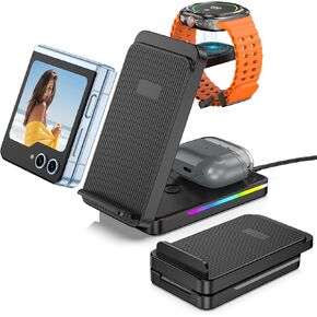 Wireless Charger for Samsung Galaxy Z Flip 6, Charger for Samsung Watch 7 Ultra, 3 in 1 Foldable Wireless Charging Station for Samsung Galaxy Z Flip 5/4/3, Galaxy Watch 7/6/5, Buds 3 Pro/3/2 Pro/2