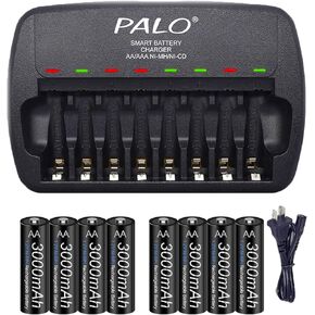 Rechargeable AA Batteries with Charger, 8 Pack aa 3000mAh Low Self Discharge Ni-MH Batteries with Smart 8 Bay Independent Fast Battery Charger (AA)