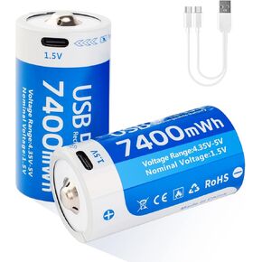 Rechargeable D Batteries 4 Pack, 7400mWh Long-Lasting D Size Lithium Batteries, 1.5V High Capacity D Cell Li-ion Battery with USB-C Charging Cable, for Flashlight, Water Heater, Gas Stove