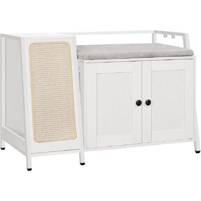 HOOBRO Cat Litter Box Enclosure with Soft Cushion, Hidden Cat Litter Box Enclosure with Sisal Scratching Mat, 34.3"L x 17.7"W x 22.8"H, Wooden Cat Furniture with Dangling Plush Ball, White WT87MW01