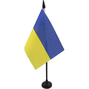 علم طاولة أوكرانيا AZ FLAG مقاس 4 بوصة × 6 بوصة - علم مكتب أوكراني 15 × 10 سم - عصا وقاعدة بلاستيكية سوداء