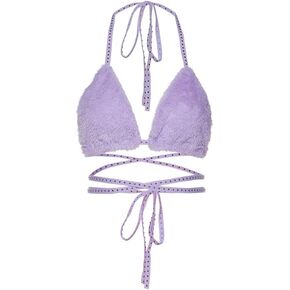 Women's Fluffy Halter Tie Bra Top Triangle V Neck Bralette Sexy Bikini Bralette Strappy Tank Top Hot Dance Clubwear