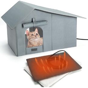 Insulated Heated Outdoor Cat House Waterproof Cat House Outside,Large Feral Cat Houses for Winter with Thermostatically Heating Mat for Several Cats Heating House