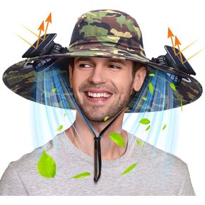 Berlune Men Sun Hat with 2 Solar Fan Fishing Hats Wide Brim Sun Hat for Outdoor Summer Camping Beach, USB & Solar Powered