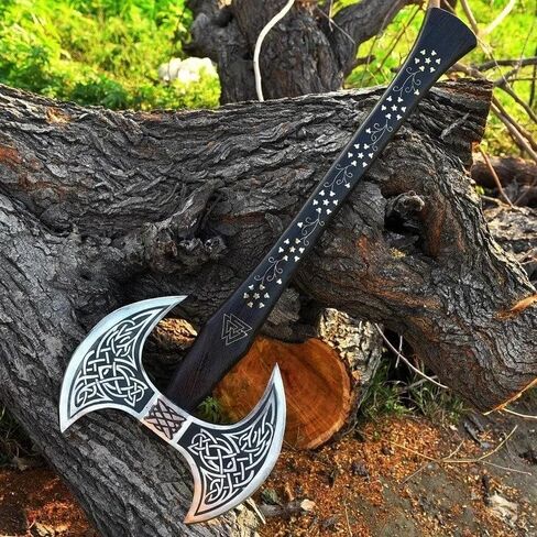 Camping Axe Tomahawk Viking Axe Long Double Edge Head Viking Axe Twin Blade Axe with Rose Wood Handle on Brass Work with Leather Sheath in Saudi Arabia