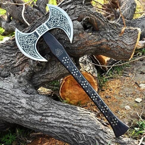 Camping Axe Tomahawk Viking Axe Long Double Edge Head Viking Axe Twin Blade Axe with Rose Wood Handle on Brass Work with Leather Sheath in Saudi Arabia