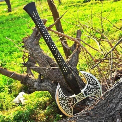 Camping Axe Tomahawk Viking Axe Long Double Edge Head Viking Axe Twin Blade Axe with Rose Wood Handle on Brass Work with Leather Sheath in Saudi Arabia