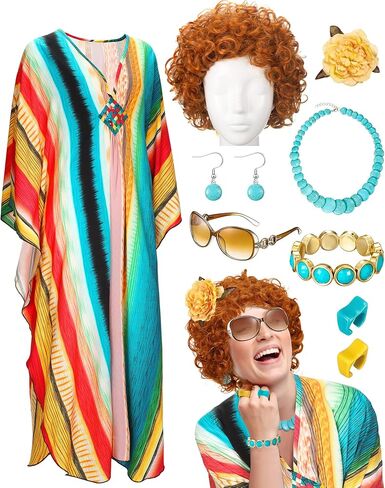 Landlady Costume Including Caftan Dress Curly Wig Necklace Earring Sunglasses Rings Hair Clip for Halloween Cosplay in Saudi Arabia