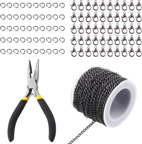 Rustark 102Pcs 4mm 30 Feet Black Jewelry Making Chains Kit Thin Necklace Bracelet Chain Twisted Links Curb Chain with Jump Rings Lobster Clasps and Pliers for Bracelet Necklace Jewelry Making in Saudi Arabia