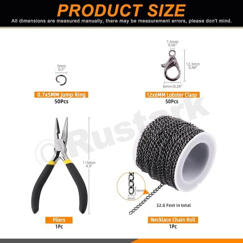 Rustark 102Pcs 4mm 30 Feet Black Jewelry Making Chains Kit Thin Necklace Bracelet Chain Twisted Links Curb Chain with Jump Rings Lobster Clasps and Pliers for Bracelet Necklace Jewelry Making in Saudi Arabia