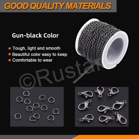 Rustark 102Pcs 4mm 30 Feet Black Jewelry Making Chains Kit Thin Necklace Bracelet Chain Twisted Links Curb Chain with Jump Rings Lobster Clasps and Pliers for Bracelet Necklace Jewelry Making in Saudi Arabia