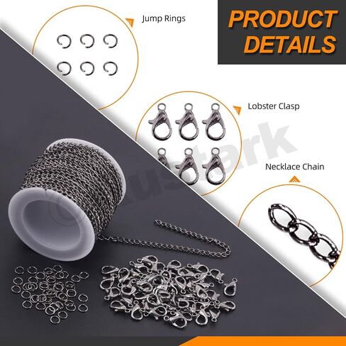 Rustark 102Pcs 4mm 30 Feet Black Jewelry Making Chains Kit Thin Necklace Bracelet Chain Twisted Links Curb Chain with Jump Rings Lobster Clasps and Pliers for Bracelet Necklace Jewelry Making in Saudi Arabia