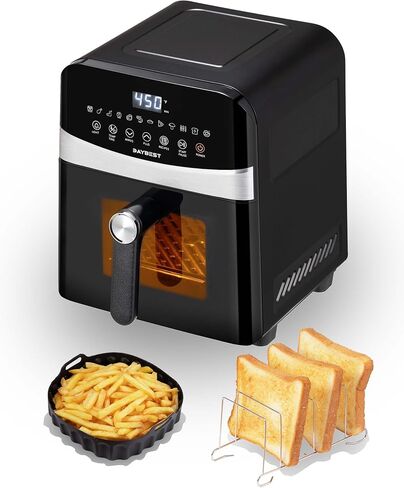 Stainless Steel Air Fryer Black, DAYBEST 1700W Ceramic Air Fryer Visible 6L with Top Bottom Heaters Less Flipping Auto Shut-off Ceramic Coated Basket with Toast Rack Silcone Pot (6L, Black) in Saudi Arabia