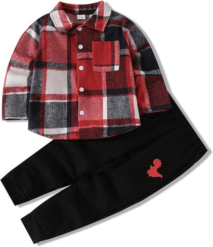 Ayzozuy Toddler Boy Clothes Button Down Plaid Sweatshirt Pants 2PCS Boy Winter Fall Outfits Set in Saudi Arabia