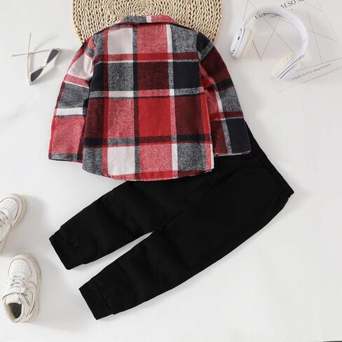Ayzozuy Toddler Boy Clothes Button Down Plaid Sweatshirt Pants 2PCS Boy Winter Fall Outfits Set in Saudi Arabia