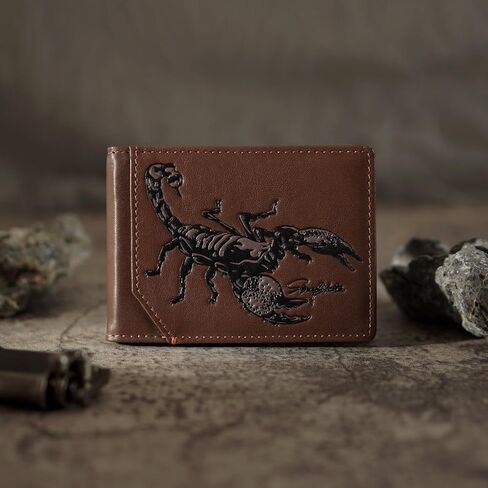 Mens Slim Air Tag Wallet Brown Western Scorpion Front Pocket Wallets For Men Airtag With Money Clip Card Holder Genuine Leather(brown) in Saudi Arabia