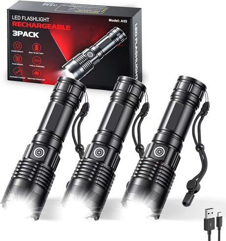 Rechargeable Flashlights High Lumens, 3 Pack Super Bright Tactical Flashlight With Adjustable Lighting Modes, Zoomable Handheld Led Flash Light For Camping Emergency Home Gift (Battery Included) in Saudi Arabia