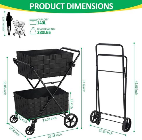 Grocery Cart on Wheels Folding Shopping Carts for Groceries 140L Jumbo with Removable Liner and Double Basket, 360° Rolling Laundry Cart Lightweight Trolley for Seniors 400 LBS Capacity in Saudi Arabia