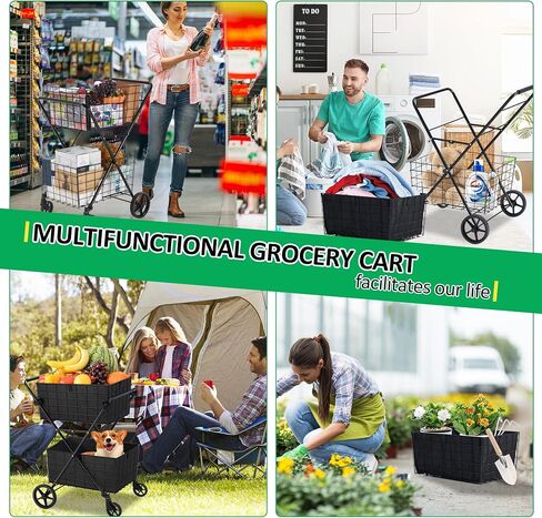 Grocery Cart on Wheels Folding Shopping Carts for Groceries 140L Jumbo with Removable Liner and Double Basket, 360° Rolling Laundry Cart Lightweight Trolley for Seniors 400 LBS Capacity in Saudi Arabia
