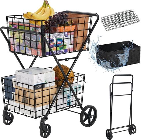 Grocery Cart on Wheels Folding Shopping Carts for Groceries 140L Jumbo with Removable Liner and Double Basket, 360° Rolling Laundry Cart Lightweight Trolley for Seniors 400 LBS Capacity in Saudi Arabia