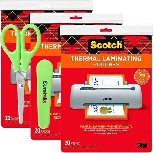 أكياس تصفيح حرارية 8.5 × 11 0.61 رطل، سمك 3 مل، (Tp3854-20) شفافة للمستندات والصور، حزمة أكياس التصفيح مع مقص ورق Suretails، 3 عبوات [قد تختلف التعبئة] in Kuwait