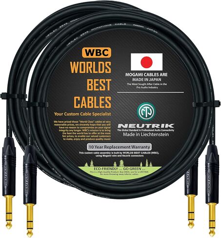 WORLDS BEST CABLES 2 Units - 15 Foot - Balanced TRS Patch Cable Custom Made Using Mogami 2549 (Black) Wire and Neutrik NP3X-B Gold TRS Stereo Plugs in Saudi Arabia