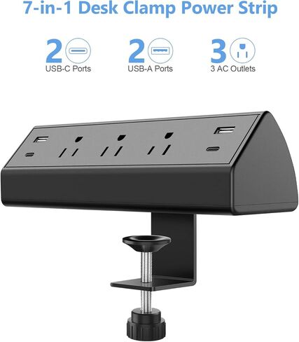 Desk Clamp Power Strip,40W Fast Charging Station,Desktop Mount Surge Protector,2 PD 20W USB C Ports,3 Outlets for Home,Office,Fit 1.9" Tabletop Edge (Black, 3 Outlets & 4 USB Ports & 15 FT Cable) in Saudi Arabia