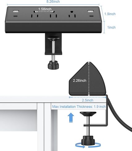 Desk Clamp Power Strip,40W Fast Charging Station,Desktop Mount Surge Protector,2 PD 20W USB C Ports,3 Outlets for Home,Office,Fit 1.9" Tabletop Edge (Black, 3 Outlets & 4 USB Ports & 15 FT Cable) in Saudi Arabia