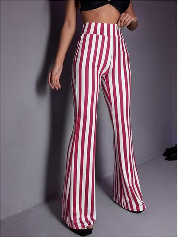 SOLY HUX Women's Striped Elastic High Waist Flare Leg Long Pants Casual Trousers in Kuwait