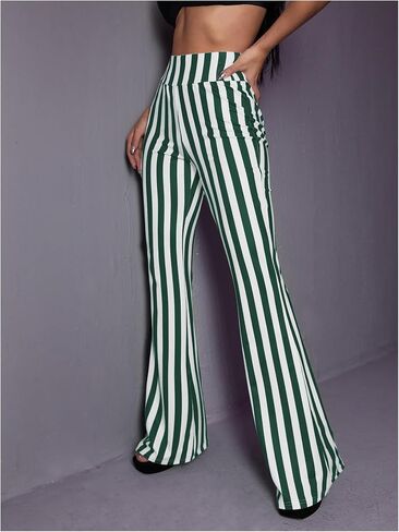 SOLY HUX Women's Striped Elastic High Waist Flare Leg Long Pants Casual Trousers in Kuwait