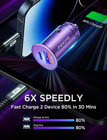 AINOPE for【معتمد من Apple MFi】 شاحن سيارة iPhone 67.5 وات شحن سريع ولاعة سجائر USB، محول شاحن سيارة USB C صغير لهاتف iPhone 16 Pro Max/15 Pro Max/14 Pro Max/13/12، أسود in Saudi Arabia