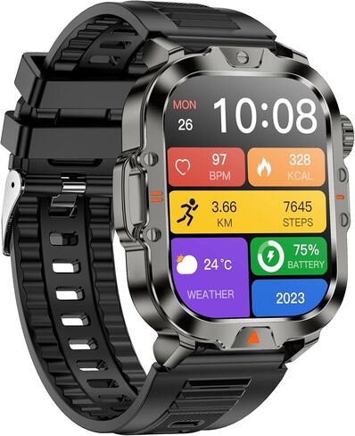 ساعة ذكية Tinwoo للرجال، شاشة HD 2.01 بوصة، مصباح يدوي LED فائق السطوع، ساعة ذكية متينة مقاومة للماء IP68، أكثر من 100 وضع رياضي، مكالمات بلوتوث/شاشة HR/SpO2 لنظام Android iOS (أسود) in Saudi Arabia
