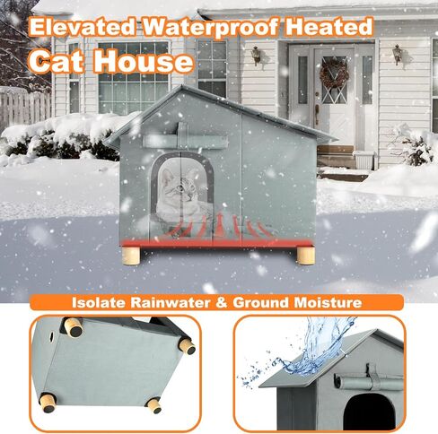 Insulated Heated Outdoor Cat House Waterproof Cat House Outside,Large Feral Cat Houses for Winter with Thermostatically Heating Mat for Several Cats Heating House in Saudi Arabia