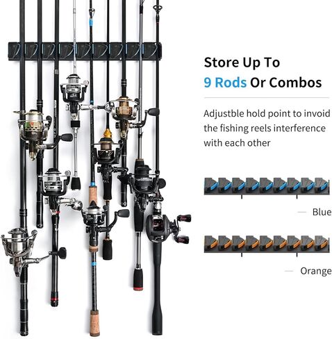 LEOFISHING Vertical Horizontal Fishing Rod Holder Wall Ceiling Mounted Fishing Rod Rack Holds Up to 9 Rods or Combos Fishing Rod Pole Holders for Garage Fits Most Rods Dia: 3-19mm (Blue（1 Pc）) in Kuwait