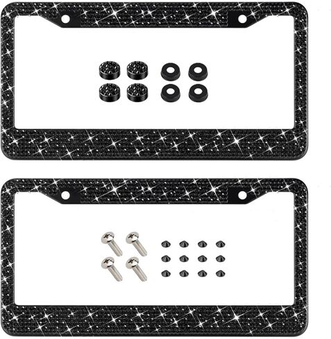 EWBN Bling License Plate Frame for Women, Diamond Car Accessories License Plate Holder,Sparkly Rhinestone Premium Stainless Steel License Plate Cover with Glitter Crystal Caps 2pcs（Black） in Kuwait